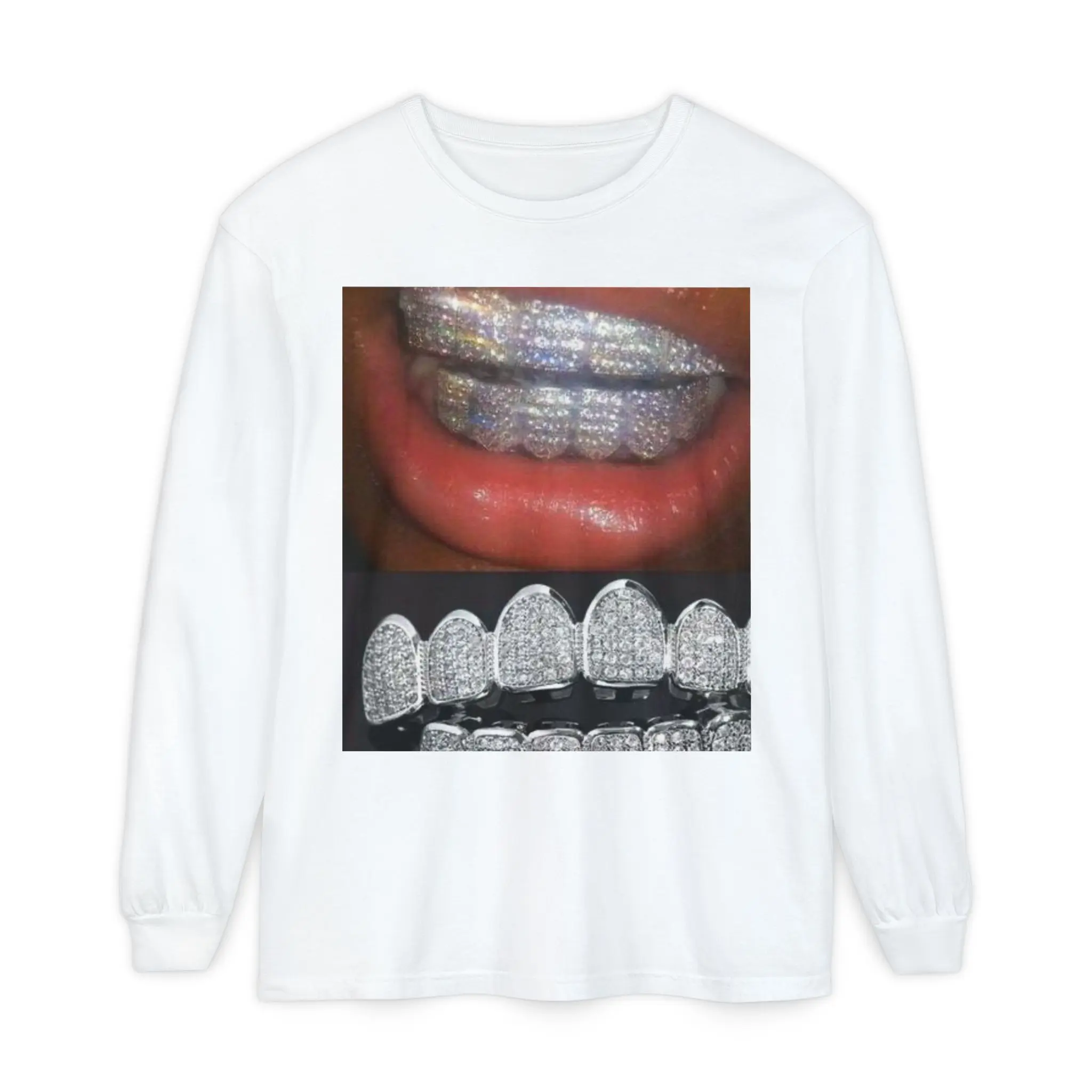 Diamond Grillz Teeth Photo Long Sleeve T-Shirt | Bling Hip Hop Jewelry