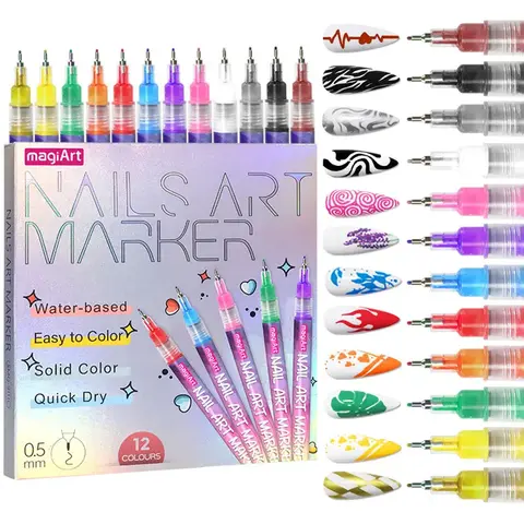 12-Color Glitter Long-Lasting Nail Pen Manicure Tool Set, Quick-Drying Acrylic Art Pen for DIY Enthusiasts, Holiday 3D Dot Embroidery, MMA Acrylic Press-On Nails, Cuticle Care, Home & Salon Use (Replaces Messy Brushes)