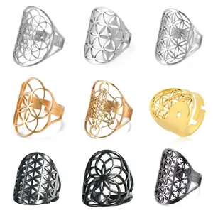Flower of Life Ring Stainless Steel Sacred Geometry Archangel Metatron Ring Adjustable Amulet Jewelry Gift