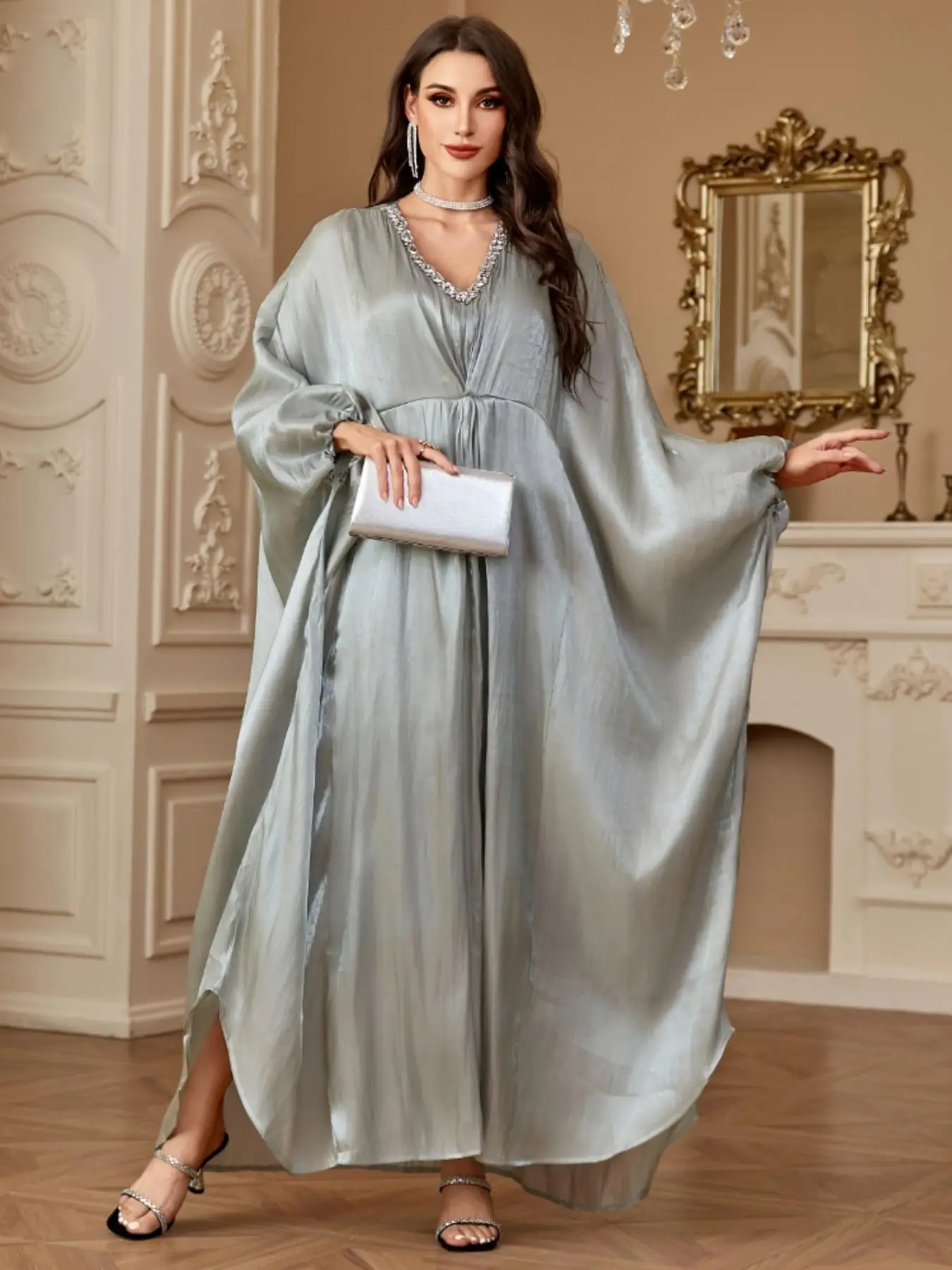 Women's Plain Batwing Sleeve Long Sleeve Dress, Elegant Rhinestone Decor V Neck A Line Dress for Party Holiday Wedding Guest, Ladies Clothes for All S