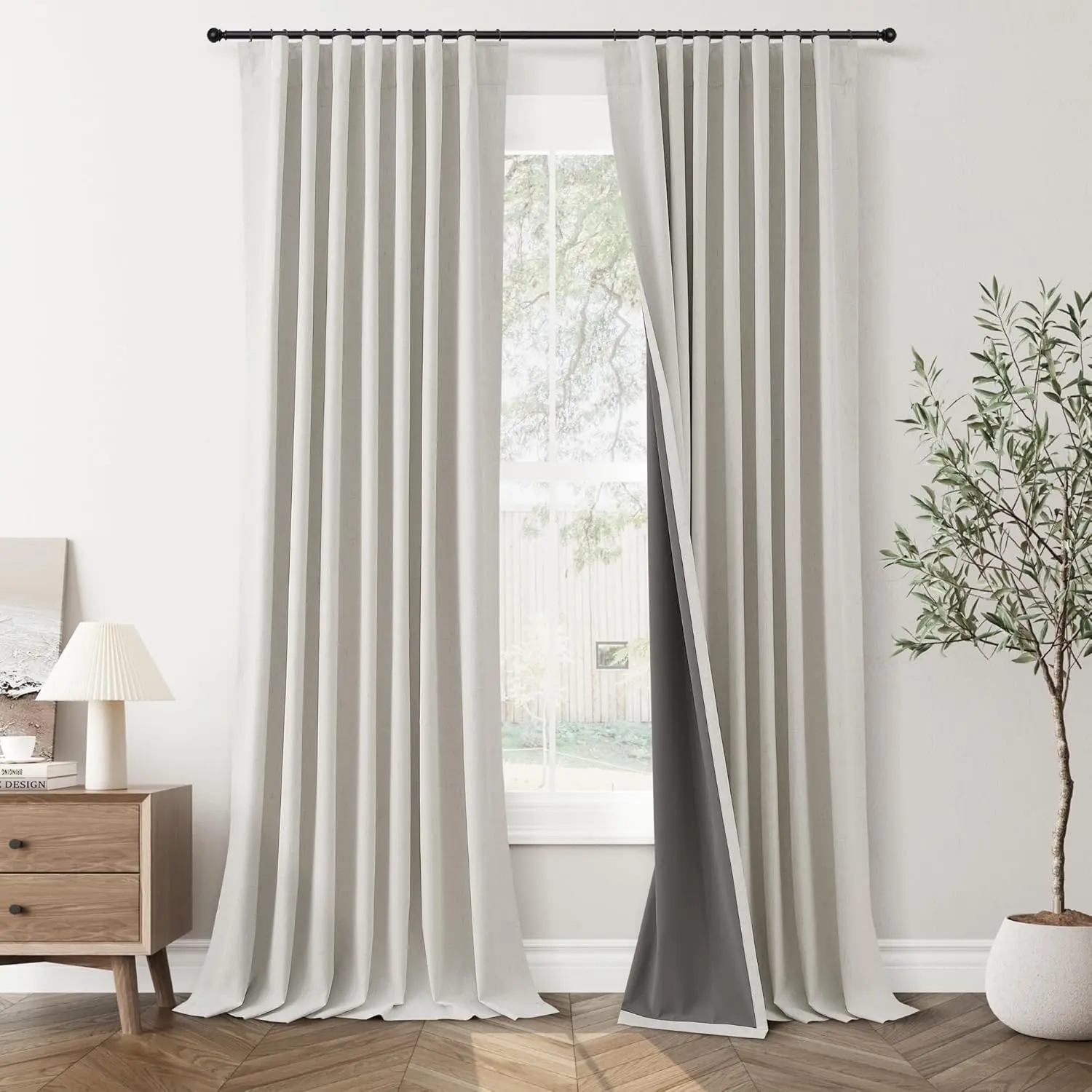 Jowels 50-Inch Wide 100% Blackout Floor-to-Ceiling Curtains, 2-Panel Farmhouse Linen Blend Set, Thermal Insulated Curtain with Hooks, Natural Hook Belt & Pleated Back Tab for Bedroom, Living Room Windows, Blackout Curtains