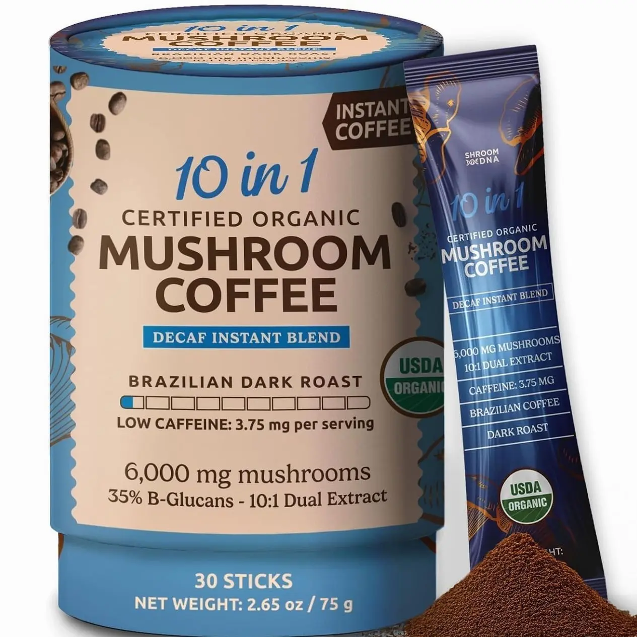 10-in-1 USDA Certified Organic Mushroom Coffee Decaf, 30 Sticks MatchaDNA | USDA Organic, Brazilian Dark Roast, Lion's Mane, Reishi, Chaga, 3.75mg Caffeine, Energy & Focus, Gut Health