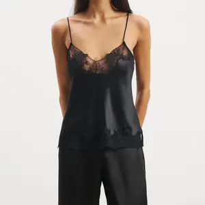 Silk Lace Trim Camisole Tops for Women Satin Asymmetrical Tank Top Backless Lace Patchwork Cami Going Out