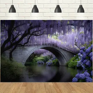 1pc 2D Wisteria Bridge Scenery Backdrop Banner with Purple Blue Hydrangea & Flowing Water Elements, Romantic & Elegant, Ideal for Spring Themed Parties, Wedding Decor, Photo Booth Props & Home Wall Decor