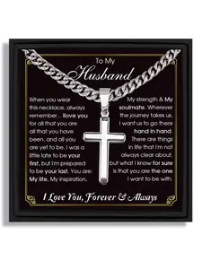 One Silver Cross Pendant Cuban Link Necklace Valentine's Day Gift for Husband with Blessing Card and Box