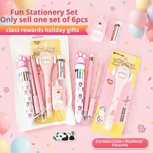 6/12 pcs Creative Theme Stationery Set, Includes Ten Color Pens, Eraser, Neutral Pen, Pencil, Correction Tape, Cow and Cat Themes, Multifunctional Writing Tools, Ballpen Set, Perfect Office & Study Supplies for Children's Day gift