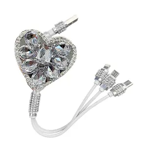 Sparkling Rhinestone Heart Car Charger Wire, Stretchable 3-in-1 USB Cable, Universal Interface, Stylish Decorative Auto Accessory