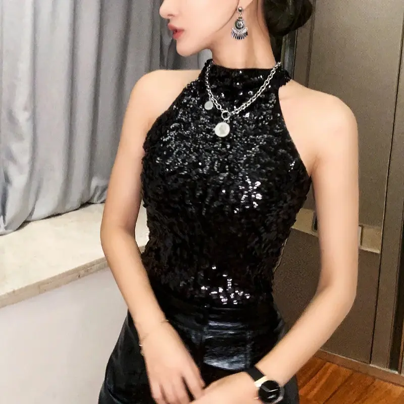 New styleSequins Fashion Shimmer Flashy Embellished High Quality Halter Neck Sleeveless Vest Sexy Tank Clubwear Stage Perform