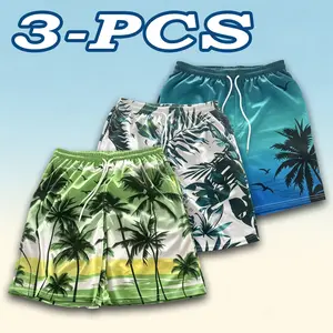 Three-piece men's quick-dry shorts, featuring Hawaiian coconut tree prints, in a European and American style with elastic drawstrings, casual shorts