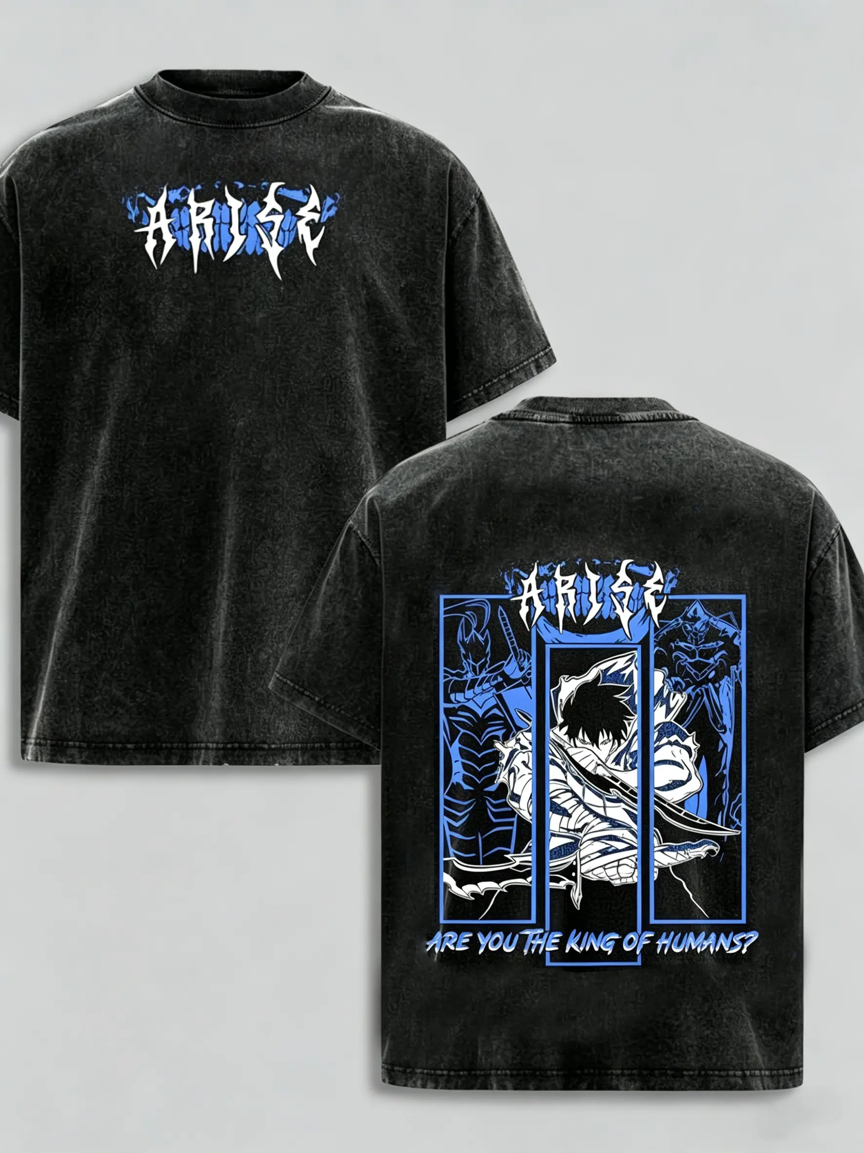 Solo Leveling Sung Jinwoo Arise Vintage Washed Oversized T-Shirt Double Sided Shadow Monarch Anime Grunge Aesthetic Unisex Streetwear King Of Humans Manga Graphic Casual Tee