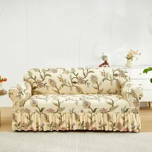 Floral Pattern Sofa Cover, Couch Cover, 1 Count Exquisite Elastic with Skirt Design, Sofa Protector for Home Living Room Hotel Office Decor