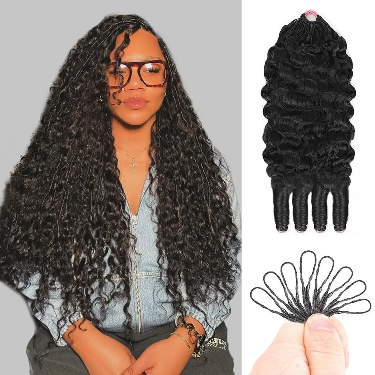 Burmese Curly Bundles Crochet Hair For Black Women Curly Feather Crochet Human Hair Extensions Pre-Separated Crochet Hair, Time-Saving,Premium Reusable Deep Wave Crochet Human Extensions Hair ,10-22 Inch Natural Black,No Tangle