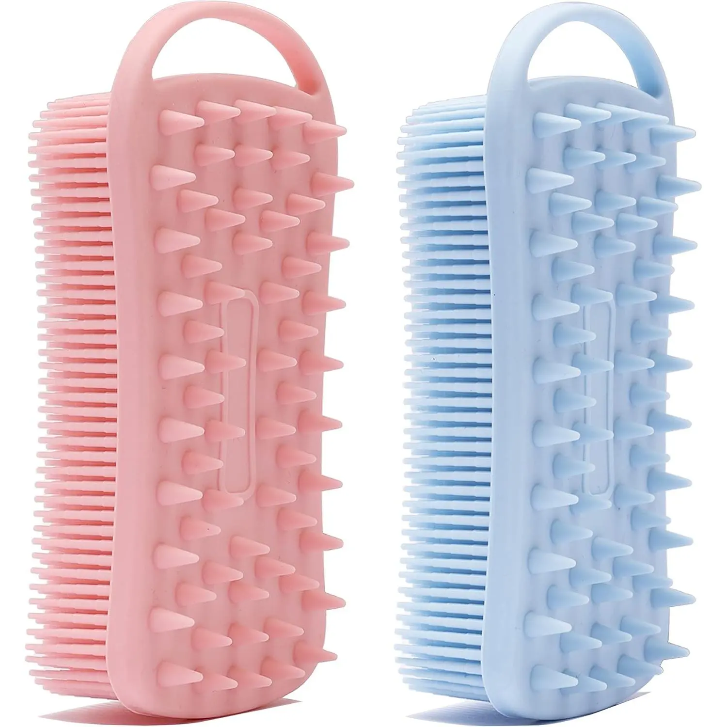 2 PC Silicone Exfoliating Body Scrubber, 2 in 1 Silicone Body Shampoo Brush, Soft Silicone Loofah for Sensitive Skin, Shower Silicone Hair Scalp Massager, Easy to Clean, Lather Well (Pink&Blue)
