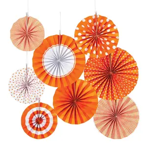 8" - 10" Orange Hanging Paper Fan Assortment - 8 Pc.