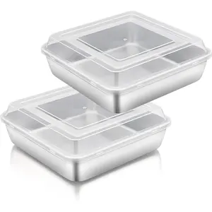 Square Cake Pan with Lid (2 Pans & 2 ), 8 Inch Stainless Steel Square Baking Tray Cake Brownie Tin For Meal Prep Storage Transporting ,  & Sturdy, Dishwasher Safe