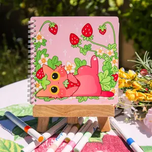 Cute Reusable Sticker Book | Laying Forever Strawberry Cat | 6x6 | Double Sided | 40 Pages | Glowing Patterm | Mikou Original Art