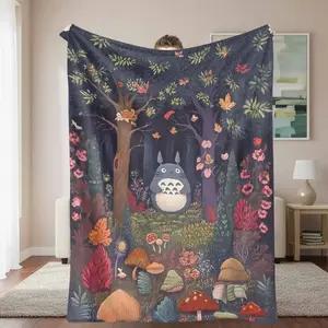 Totoro Flannel Blanket， Enchanted Forest Print Pattern， Super Soft， Warm and Cozy， Lightweight Feature， Perfect for Sofa， Bed， Travel， Camping， and as a Thoughtful Gift for Nature and Animation Lovers.