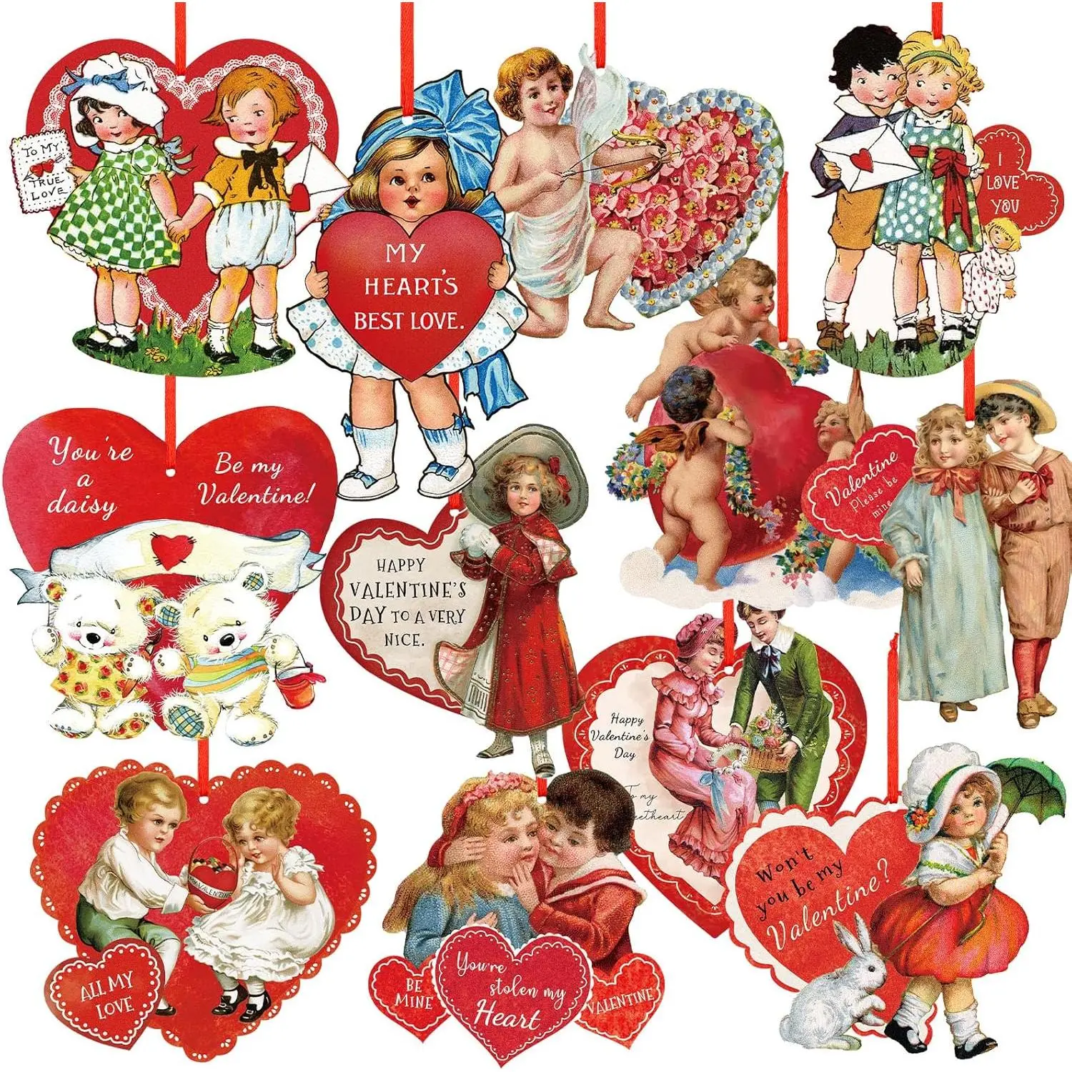 48 Pcs Vintage Valentine Hanging Ornaments Retro Valentines Tree Ornaments Heart Cut Out Decorations for Valentine's Day Party Favors Classroom Home Window Wall Anniversary Supplies