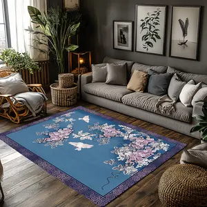 Blue Purple Chinese Wisteria Butterfly Crystal Velvet Area Rug Non‑Slip Oriental Vintage Living Room Rug#ChineseWisteriaButterflyRug #OrientalVintageRug #TraditionalHomeDecor #FloralButterflyCarpet #CrystalVelvetRug