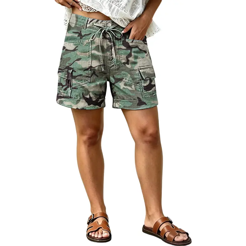 Flamingals Camo Drawstring Grommet Eyelet Roll Hem Dual Pocket High Waist Mid Thigh Shorts Womenswear Stretchy 6.3" Inseam