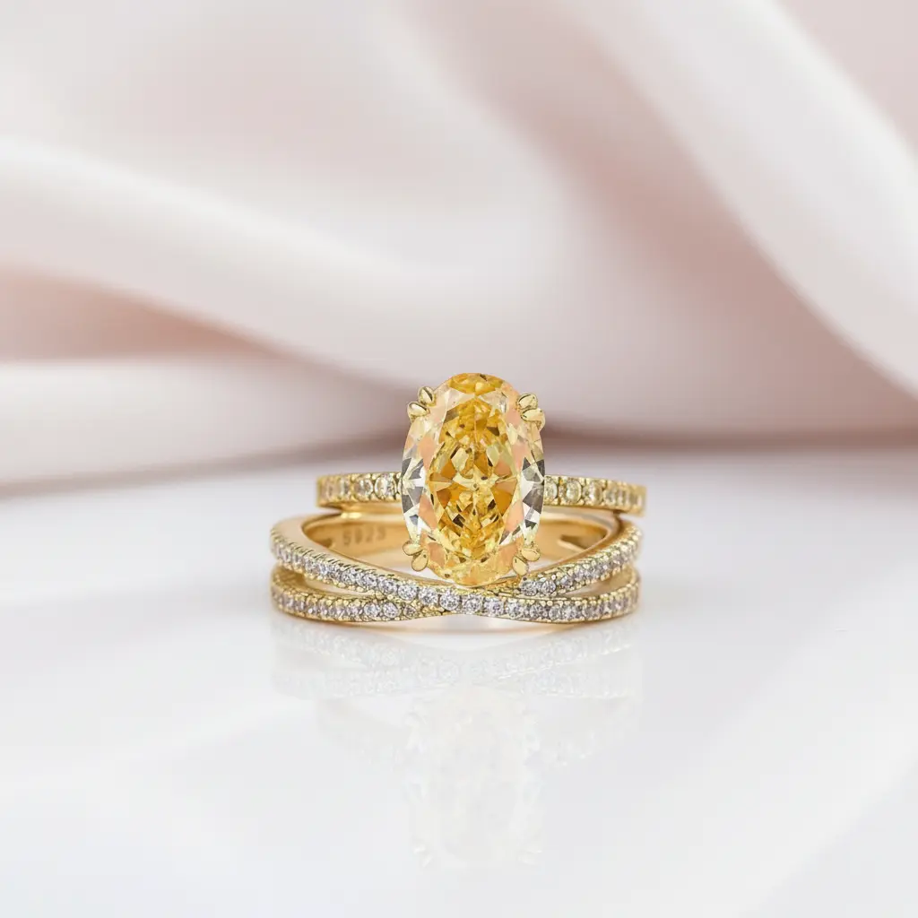 Exquisite Yellow Gold Oval Cut Yellow Sapphire Ring Set