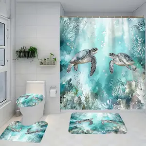 1/4 piece turtle roaming design bathroom set, Bathroom decoration accessories, including soft floor mat, toilet seat cushion, shower curtain, home decoration, floor mat with rebound, water absorption, anti slip, preferred for gift giving
