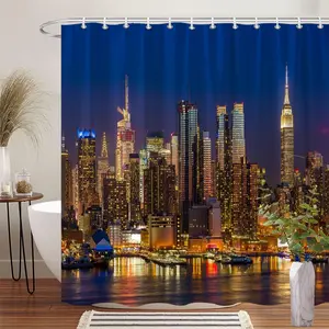 1Pc New York City Skyline Shower Curtain Cityscape Nighttime Urban Landscape Bathroom Decor Polyester Fabric Bath Hanging Curtain 70.8x70.8 Inch with 12 Hooks