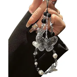 Black White Beaded Phone Charm Cryatal Butterfly Keychain Charm Bag Charm Love Heart Phone Chain Clear Beads Key Chains Cute Keychain Lanyard Pendant Phone Wrist Strap for Backpack Earphone Case Decor