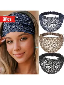 3pcs Elegant Lace Floral Headbands for Women Bride Wedding Hair Accessories with Pearls & Rhinestones Aesthetic Gift for Bridesmaids