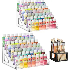 2 Pcs Clear 7 Layers Acrylic Paint Organizer With Paint Brush Holder Paint Storage Rack Craft Paint Organizer Rack Miniature Paint Holder for Paint Storage