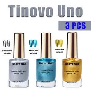 Tinovo Uno Metallic Blue,Silver, Golden Nail Polish Set of 3 Quick Dry 12ml Each Chrome Finish Salon-Style Manicure Repair Cutics US Local Shipping