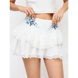 Cider Jacquard Floral Embroidery Lace Ruffle Tiered Mid Rise Mini Skirt