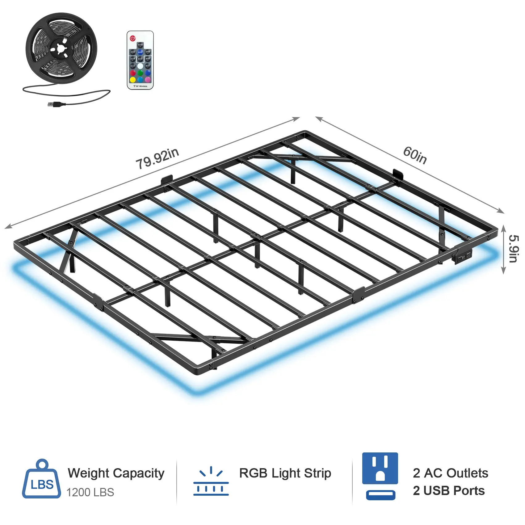 Floating Bed Frame (With Led Lights&Power Outlets)