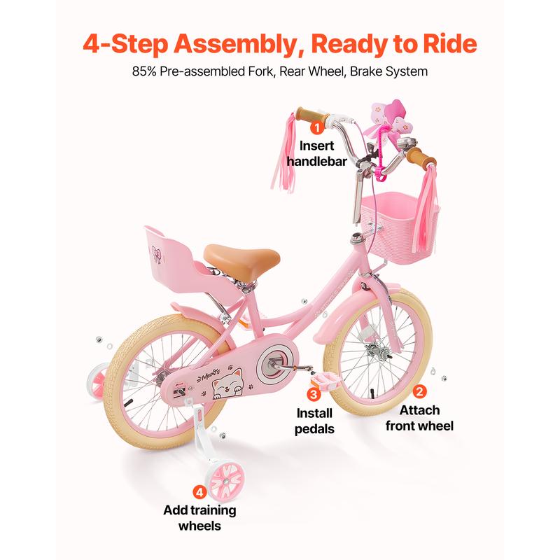 VEVOR Kids Bike,  16 Inches Princess Style Children Bicycle with Streamers & Basket, Rider Height 3.28 ft - 4.27 ft, Doll Seat & Training Wheels Included, Toddler Bike for Girls Learning to Ride, Pink
