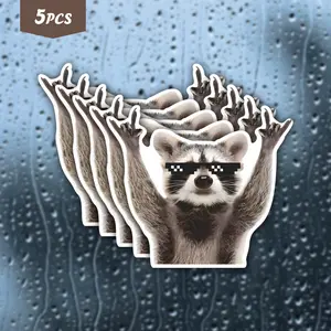 5Pcs "Rock On Raccoon" Pixel Sunglasses Waterproof Vinyl Sticker, Cool Raccoon Rock Hand Self-Adhesive Decal, Suitable For Water Bottles, Laptops, Journals, Ideal For Raccoon Lovers, Meme Fans And Edgy Vibe Enthusiasts, Stickers For Scrapbooking