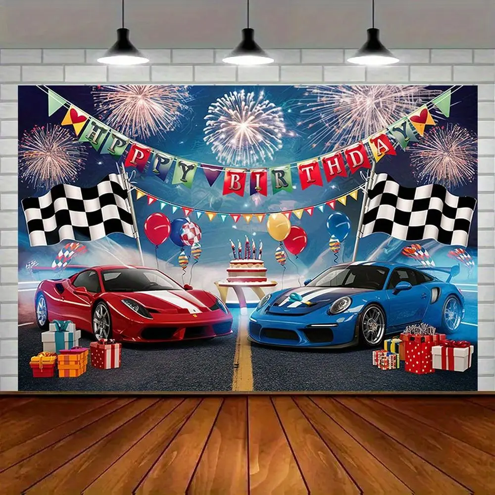 1pc Modern Farmhouse Amber Glow Polyester Racing Car Happy Birthday Banner, 75g/m² Lightweight Indoor-Outdoor Wall Decor, Festive Ceremony Party Supplies, Multi-Color Ornaments, Party Decorations Banners