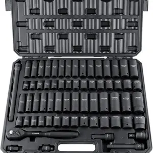 1/2" Drive Impact Socket Set, 65 Piece SAE 3/8" to 1-1/4" and Metric 10-24mm, 6 Point Cr-V Alloy Steel for Auto Repair, Easy-to-Read Size Markings, Rugged Construction, Storage Case