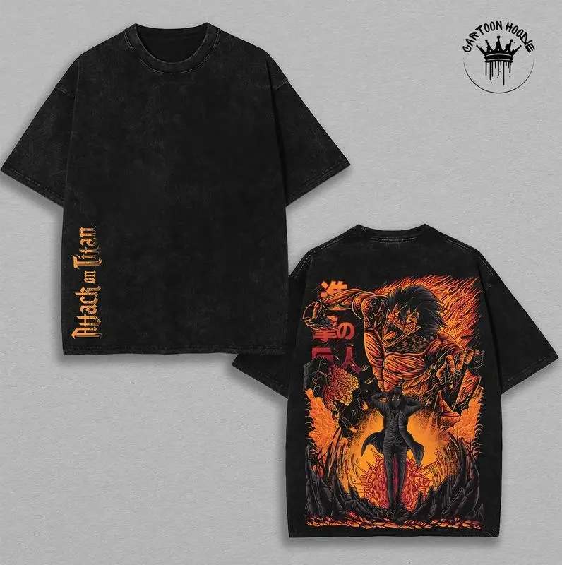 Eren Yeager - ATTACK ON TITAN - AOT Rare Ver 2 Unisex Oversize Anime Manga Washed Heavyweight Cotton T-shirt, Hoodie Wash Gift For Anime Fan, Anime Lover Hoodies Back