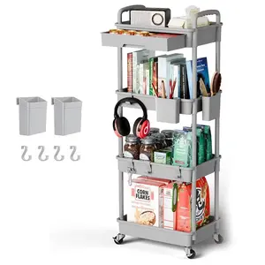 4 Tier Rolling Cart Organizer,Art Craft Diaper Bedside Snack Laundry Room Bathroom Organizer Narrow Thin Slim Rolling Trolley Utility Cart with Wheels for Kitchen,Office(Grey)