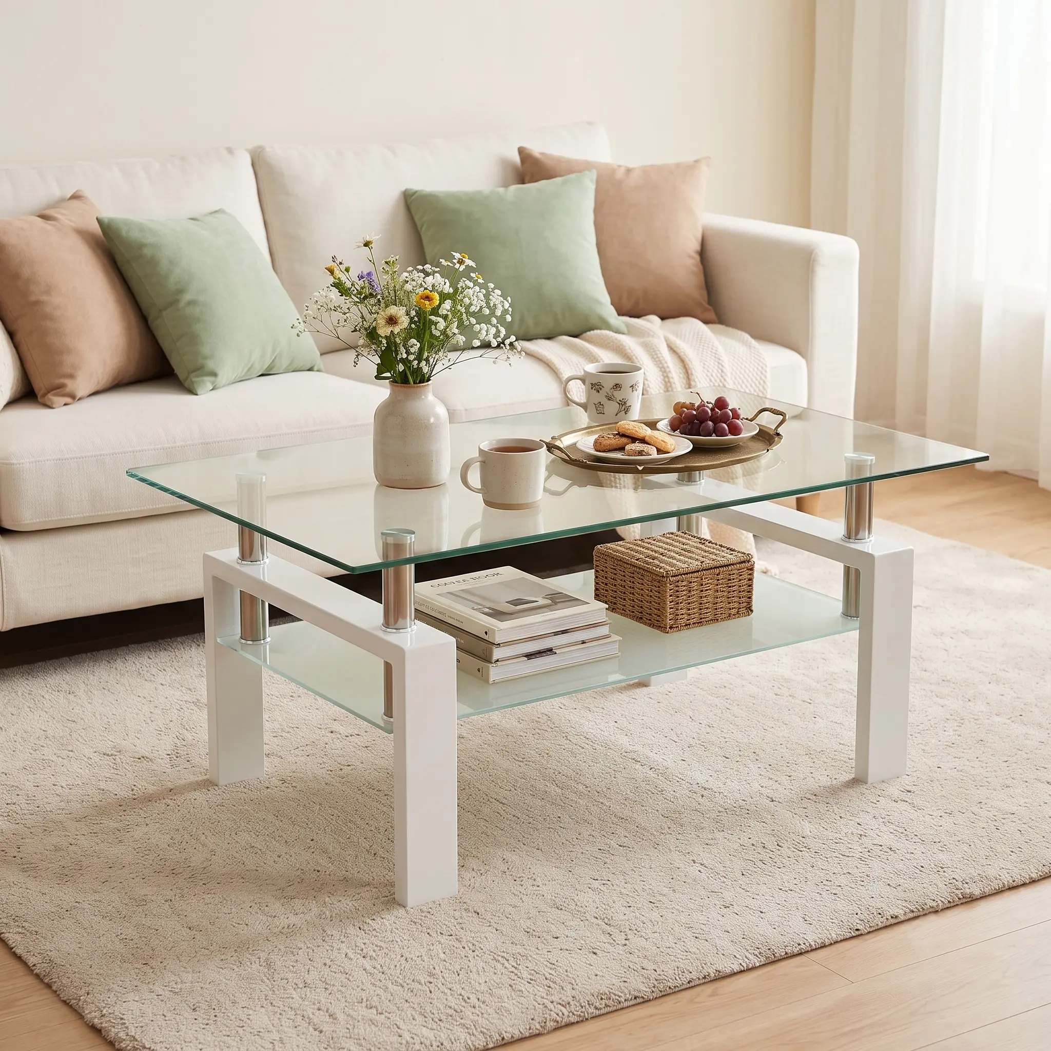 Rectangle Glass Coffee Table, Clear Coffee Table, Modern Side Center Tables for Living Room, Living Room Furniture
