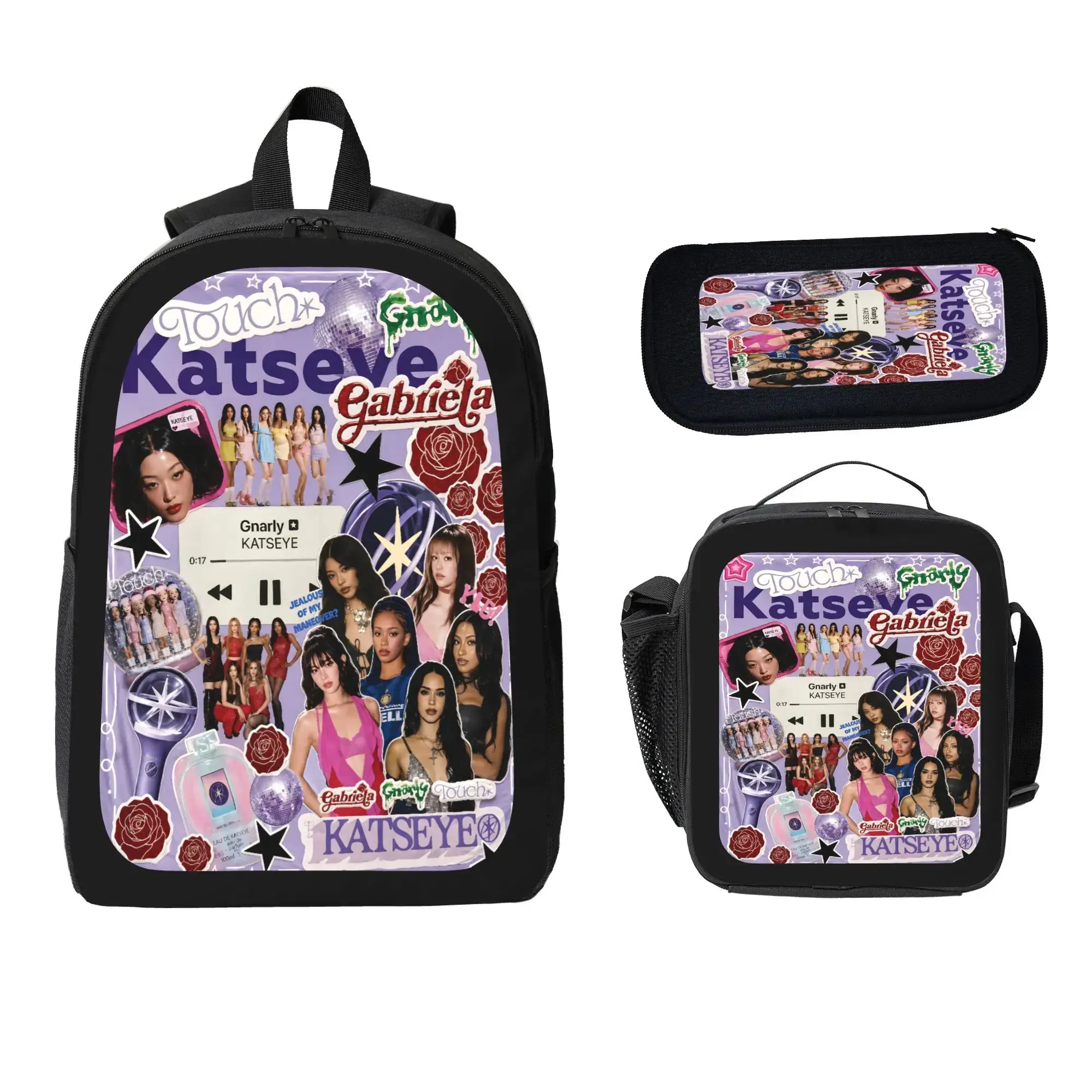 KATSEYE 3PCS Backpack Set with Lunch Box Pencil Case Touch Gnarly Purple Collage Aesthetic Girl Group School Bag Large Capacity Bookbag for Teens Fans Gift