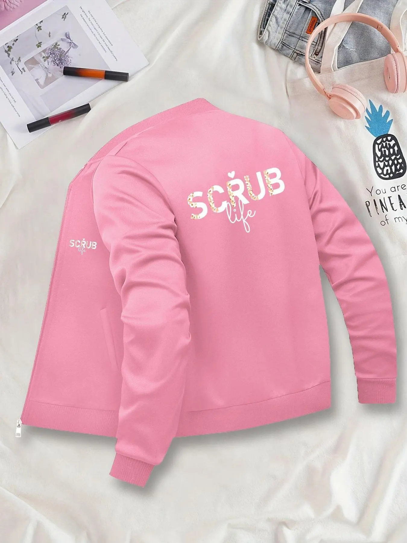 Women's Graphic Zipper Baseball Jacket, Casual Fitted Scrub Pattern Coat, All Season Wearable Outerwear, Stylish Ladies' Clothing, Aesthetic, Womenswear