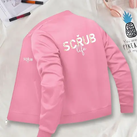 Women's Graphic Zipper Baseball Jacket, Casual Fitted Scrub Pattern Coat, All Season Wearable Outerwear, Stylish Ladies' Clothing, Aesthetic, Womenswear