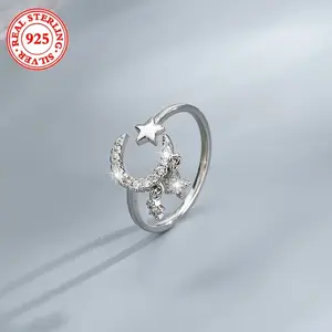 Elegant S925 Sterling Silver Open Ring with Zirconia, Crescent Moon & Stars Design - Perfect Ramadan Gift for Women, Fashionable Eid Jewelry