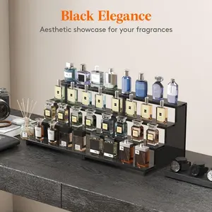 Black Display Risers Stand, 4 Tier, Multilayer Shelf, Plastic Cologne Organizer Perfume Stand, Cologne Storage Rack, Display for Vanity, Dresser, Figures, Cupcake, Dessert, Spice, Fragrance, Countertop, Cabinet Use