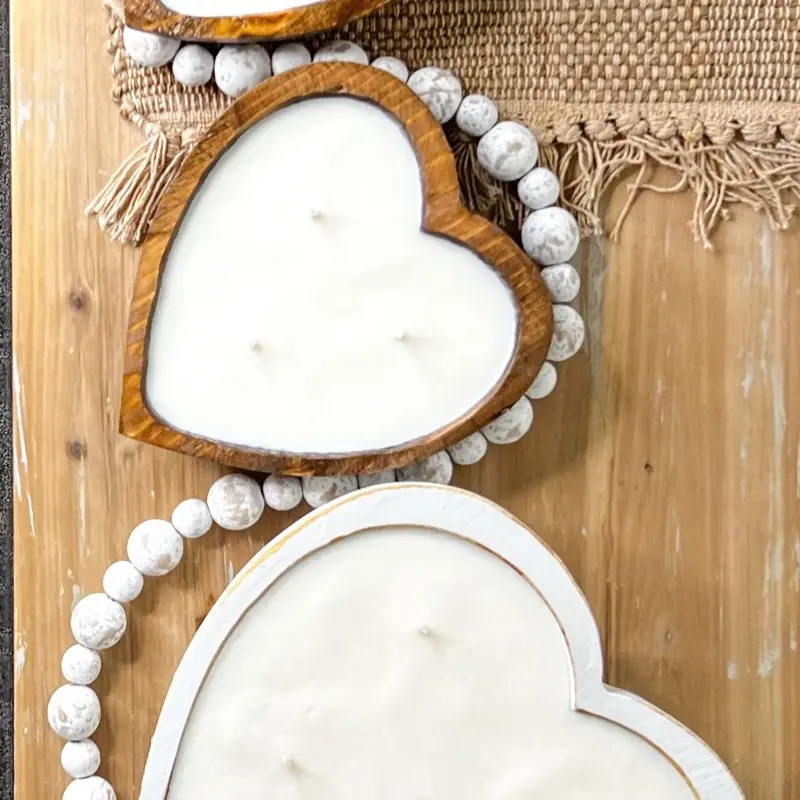 Medium Heart Candle - Refillable Handmade Wood Bowl - Farmhouse Decor- Long Lasting Scented Soy Wax - Clean Fragrance