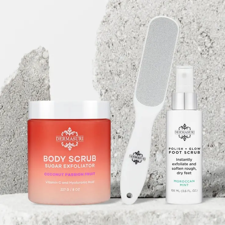 Dermasuri Exfoliating Sugar Scrub + Foot Polish Set - Includes Coconut Passionfruit Sugar Scrub, 8-in Stainless Steel File & Polishing Spray for Soft Skin, Body Care, Sugar Scrubs