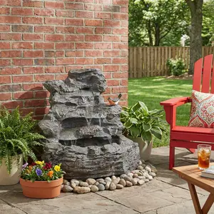 ARCH 4-Tiered Concrete Rock Waterfall Fountain, 20.8"H – Outdoor Garden Decor with LED Lights, Weather-Resistant, Soothing Water Sound Ambiance