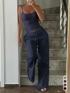 Women's 2 Piece Lounge Set, Camisole Top & Wide Leg Pants, Sleeveless Fitted Pajama Set, Nightwear, Comfortable Home Wear, Stylish Casual Clothing, Loungewear