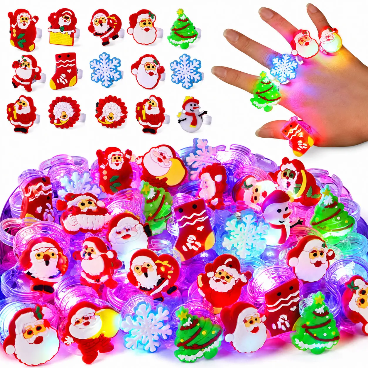 55PCS Christmas Light Up Rings Party Favors Luminous Flash Finger LED Ring Blinking Jelly Rubber Ring for Kids Adults Christmas Gifts Plastic Spooky